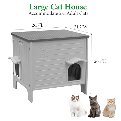 Outdoor Cat House Weatherpoof Large Plastic Cat Shelter Outside | with Escape Door Indoor Waterproof Feral/Pet Cat Houses for Multiple Cats (Grey) - style: Large