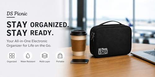 Electronic Organizer Travel Essentials Case, Waterproof Double Layer Cable Storage Pouch Bag for Charger, USB Cords, Power Bank, Phone Mouse SD Card Earphone Camera, Tablet (Up to 11 inch)
