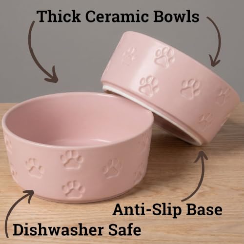 Ceramic Dog Bowl Set of 2 w/ Anti-Skid Base 6.5"W x 2.5"H, 3.8 Cup Capacity | Thick Ceramic, Dishwasher Safe, Anti-Skid Rubber Base, 3.8 Cups per Bowl, Ceramic Food & Water Bowls Set of 2 for Medium Dogs - color: Blush Pink, size: Medium