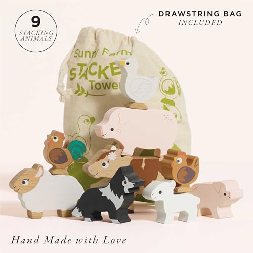 Le Toy Van Petilou Wooden Sunny Farm Stacking Animals and Bag | Farmyard Animal Building Blocks, Balancing Toy, Wooden Animal Toys for Toddlers, Suitable for 18 Months and Up