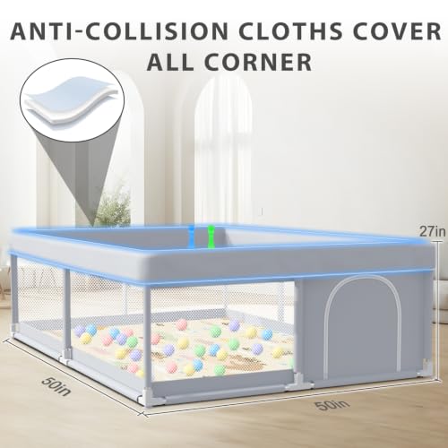 XVISHX Baby Playpen with Mat, 50x50 Inch Play Pen, Playpen for Babies and Toddlers, Baby Playard for Indoor & Outdoor Active Center Game Fence, with Skin-Friendly Fabric and Soft Breathable Mesh - color: Grey, size: 50 × 50 Inch + Mat & Handle & Ball