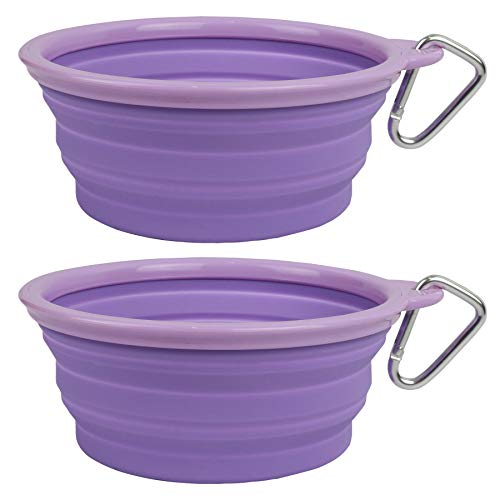 Collapsible Silicone Water Travel Bowl with Clip for Dog and Cat, Portable and Durable Pop-up Feeder for Convenient On-The-go Feeding – Size: Large (5 Cups) Purple – 2 Pack - color: PURPLE, size: LARGE (5 CUPS) - 2 PACK