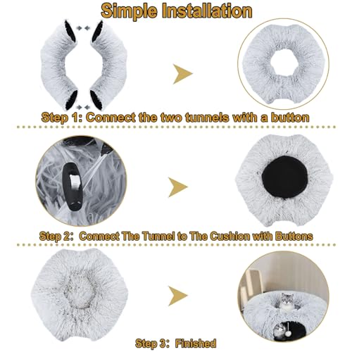 CLKHOWL Cat Tunnel Bed for Indoor Cats - Cute Cat Donut Tunnel with Washable Circle Cushion, Round Pet Play Toy for Kitten/Puppy/Rabbit, Grey