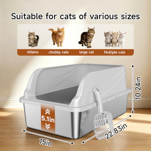 Stainless Steel Litter Box XL | Prevents Urine Leakage Includes Scoop Durable & Sturdy Odor-Resistant - color: Grey XL
