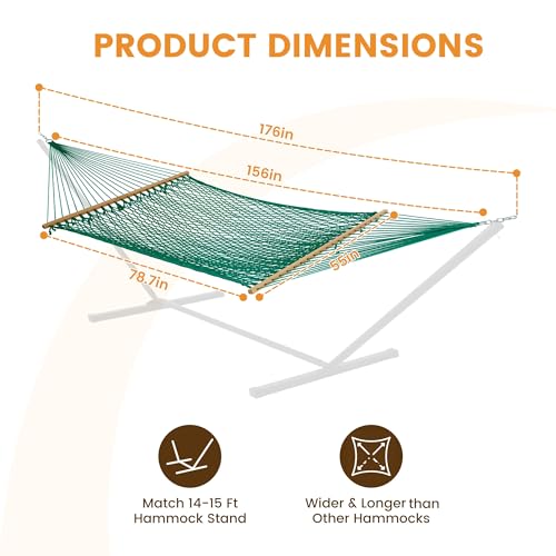 Lazy Daze 13 Ft Double Handwoven Polyester Rope Hammock with Tree Straps | Mesh Hammock for 2 Person, with Spreader Bar, Carabiners, Chains for Outside, Backyard, Patio, 450 Lbs Capacity - color: Green
