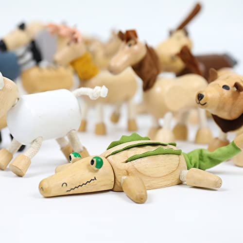 14 Pack Bendable Wooden Animal Toys, Smooth Natural Wood Zoo Farm Jungle Safari Animals Figures - color: 14 Pack Animals