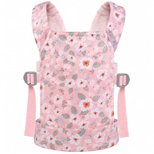 Doll Carrier for Toddler 100% Cotton Pretend Play Doll Carrier with Adjustable Straps 3 Carry Ways Stuffed Animal Baby Dolls Accessories Gift - White Pink Flower - color: White Pink Flower