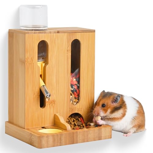 Bamboo Wooden Hamster Water Bottle Stand & Food Bowl, 2-in-1 Feeder