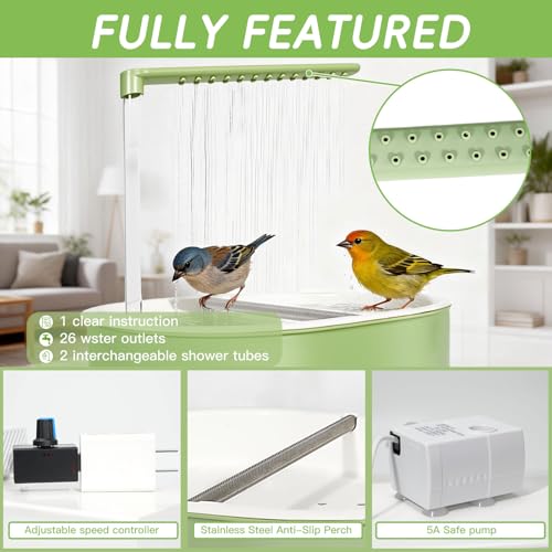 Parakeet Bird Bath - Parrot Shower for Budgie Cockatiel Lovebird and Conure | Stainless Perch, Adjustable Water Flow Fountain, Automatic, Large Parrot Shower, Indoor