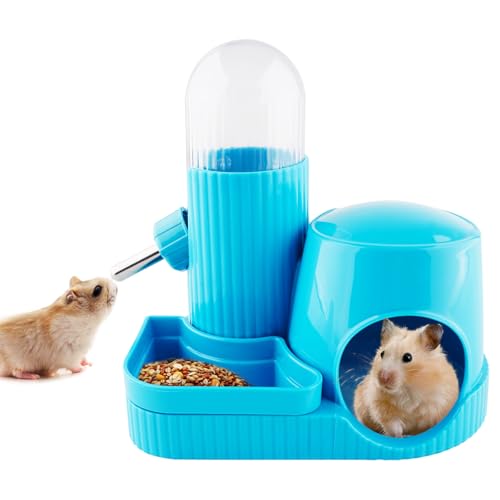 3 in 1 Multifunctional Hamster Water Bottle No Drip Gerbil 100ML Water Bottle Dispenser with Food Bowl Small Animal Auto Dispenser with Hideout Base Hamster Cage Accessories (Blue) - color: Blue