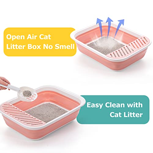 Open Top Cat Litter Box, Large Foldable Cat Potty Height-Adjustable Sides Anti-Splash, Open Air Kitty Litter Pan No Smell, Cat Toilet Easy Clean with Cat Litter Scoop (Pink) - color: SMALL PINK