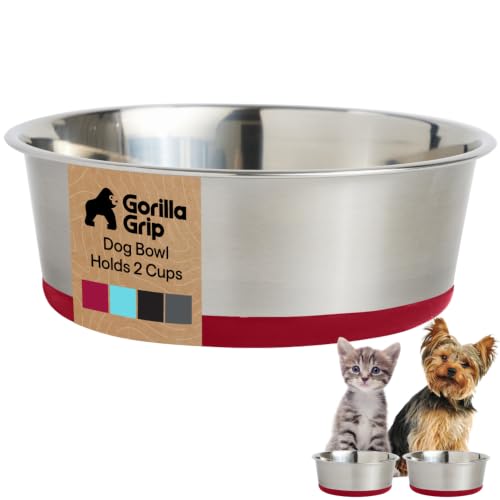 GORILLA GRIP Dog Bowl, Holds 2 Cups (16 fl oz), Food Grade 304 Stainless Steel Food and Water Bowl for Feeding Dogs and Cats, BPA Free Rubber Base, Easy Clean, Dishwasher Safe, Rust Resistant, Red - color: Red, size: 2 Cup (16 Oz)