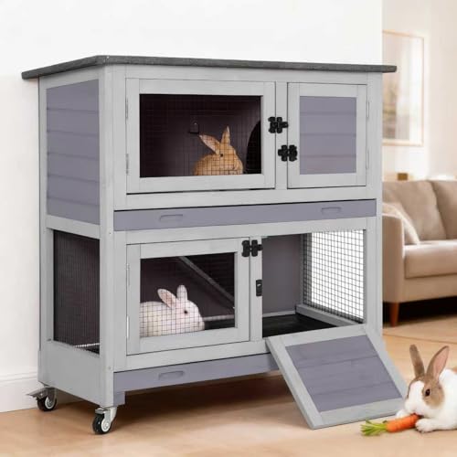 Suumerpety 36" 2-Story Wooden Rabbit Hutch with Chew-Proof Ramp, Dual Leak-Proof Pull-Out Trays & 4 Lockable Wheels, Indoor Outdoor Bunny Cage for Rabbits & Guinea Pigs (Grey) - color: (Grey-AIR77)
