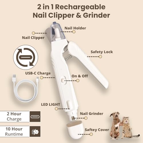 2-in-1 Dog & Cat Nail Clipper and Grinder with Light - USB Rechargeable Pet Nail Trimmer with Safety Guard for Thick Nails, Quiet Professional Grooming Tool - color: white