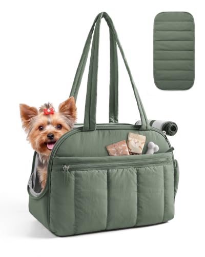 BAGSMART Dog Purse Carrier for Small Dogs Up to 13lbs Puppy Travel Tote Bag | Quilted Puffy Soft Sided Pet Handbag with Pockets, Collapsible Lightweight Portable Carrying with Safety Tether & Mat, Green - color: Haze Green