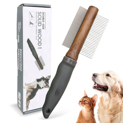 HOP 2-in-1 Dog Dematting&Deshedding Comb with Wooden Handle 8.31in/21.1cm | Double-Sided Fine&Wide Metal Tooth Dematting Comb,Pet Flea Comb for Dogs&Cats,Gentle Remove Loose Hair Tangles Dirt Fleas