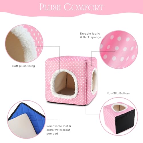 Guinea Pig Hideout with 2 Removable Mat, Two Entrances, Dwarf Rabbit Bed, Washable Bunny House, Small Pet Accessories Pink Dot - color: Pink