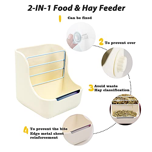 HERCOCCI Rabbit Hay Food Bin Feeder and Bunny Water Bottle Set, Hay Food Feeder Bowls Manger Rack with 500ml Hanging Water Dispenser Prevent Knock Over for Rabbit Guinea Pig Chinchilla (Large, White) - color: WHITE
