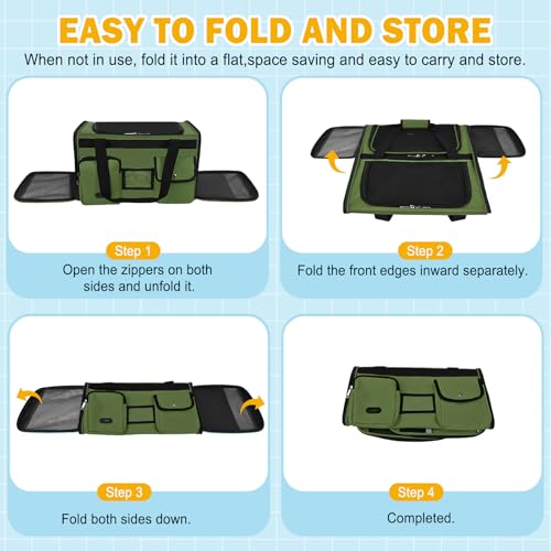 HUANLANG Large Cat Carrier Soft Sided Travel Pet Carrier Airline Approved | Dog Carriers for Small Dogs Medium Cats,Collapsible,3 Storage,zipper lock,Reflective strips,Luggage Strap, Up to 15 Lbs - color: Army Green