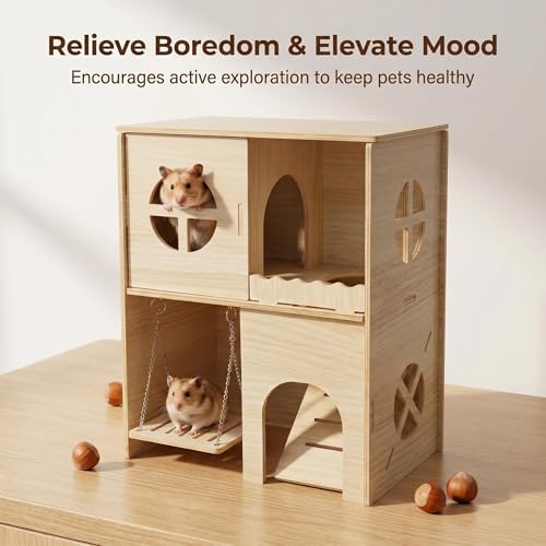 Wooden Hamster Hideout & Cage Accessories - Multi-Chamber Habitat with Swing, Ladder, House and Playground for Climbing - Enrichment Toys for Dwarf Hamster, Gerbil, Mouse, and Small Rodents