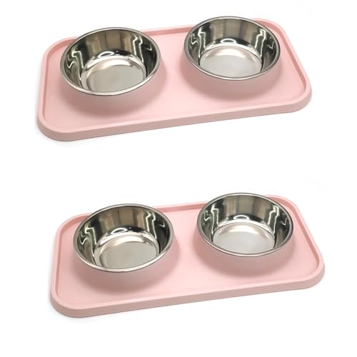 BNOSDM 2 Pcs Double Dog Food Bowls, Stainless Steel Small Dog Food and Water Bowls with Non-Spill Plastic Mat, Pet Cat Feeder Dish Set for Puppy Cats Kitten, Pink - color: Pink【Set of 2】