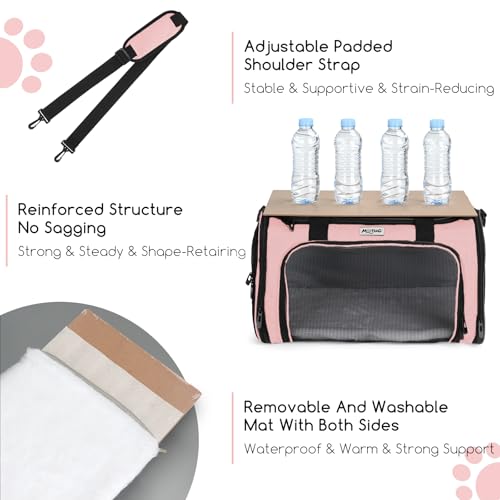 Pet Carrier for Cats & Small Dogs, Travel Carrier with Anti-Collapse Support, Chew Resistant Buckles, Luggage Sleeve, Multi-Pocket Storage, Reversible Mat & Bowl (Pink, Medium (17.5"x11"x11.5")) - color: Pink