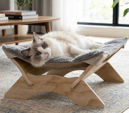 JSPYFITS Elevated Cat Bed Hammock, Raised Cat Bed with Dual-Sided Plush & Linen Cushion, Machine Washable & Breathable Cover Tool Free Easy Assembly, up to 66Lbs (Gray) - color: Cozy Grey