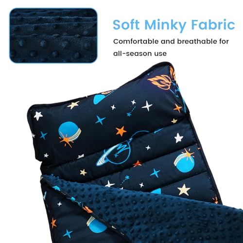 david's kids Minky Toddler Nap Mat with Removable Pillow and Minky Fleece Blanket, 55"x23",Soft Slumber Bags for Boys, Perfect for Preschool, Daycare, Kids Sleeping Bags with Rollup Design, Space - color: Space