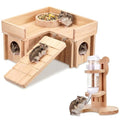 Hamster Cage Accessories, 4 Pcs Wooden Dwarf Hamster Hideout House with Ladder Platform, Feeding Bowl, Water Bottle with Holder Stand for Gerbil Rat Mice Small Animal Habitat Decor