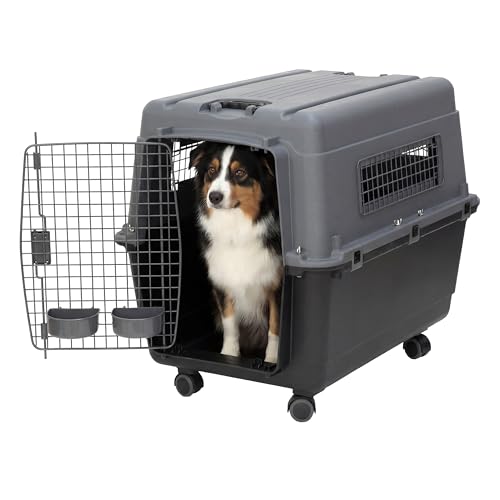 SportPet Airline Compliant LARGE 31.5" Travel Dog Kennel- Durable Plastic Airline Pet Carrier w/ Removable Wheels & Food Bowls, Collapsible Indoor/Outdoor Dog Kennel, Dogs up to 28"L & 20"H-Dark Gray - color: Dark Gray
