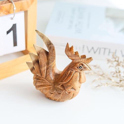 Hand Carved Wooden Rooster Figurine, Handmade Rooster Statue, Rustic Farmhouse Kitchen Decor, Wooden Farm Animal Sculpture, Gift for Rooster Lovers (Natural Rooster) - color: Natural Rooster