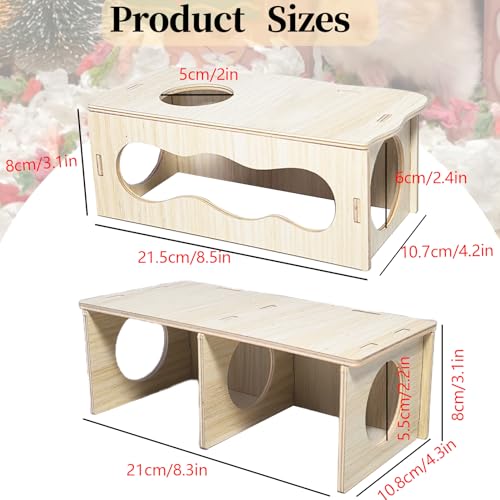 2 PCS Wooden Hamster Hideout Multi-Chamber Tunnel Set Hamster House Hiding Maze Platform Stuff Exploring Toy Cage Accessories for Gerbil Rat Mice - size: M+M