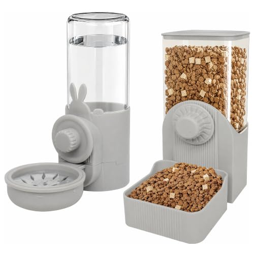 Automatic Rabbit Feeder and Water Dispenser Set,54oz Gravity Food Feeder&17oz Leak-Proof Water Bottle for Guinea Pigs,Hamsters,Chinchillas,Ferrets, Small Animals,Cage Mount Feeding Station Grey