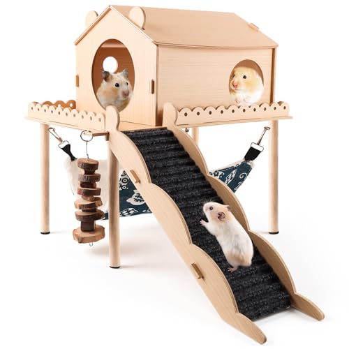 Kalolary Guinea Pig Hideout Wooden Guinea Pig Castle with Stair Hammock Mat | Detachable Double-Decker Guinea Pig House for Small Animals Hamster Chinchilla Bunny Ferret Rabbit Hiding Playing Sleeping