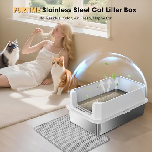 FURTIME Stainless Steel Cat Litter Box, Large Cats Metal Litter Box | High-Sided Open-Top Easy-Clean Litter Pan, Non-Stick, Anti-Leakage, Odor-Free, Comes with Scoop & Mat, 23"×15"×10.5" - color: Silver, size: Large