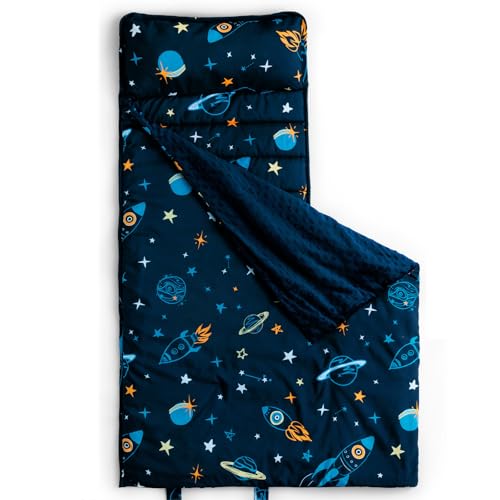 david's kids Minky Toddler Nap Mat with Removable Pillow and Minky Fleece Blanket, 55"x23",Soft Slumber Bags for Boys, Perfect for Preschool, Daycare, Kids Sleeping Bags with Rollup Design, Space - color: Space