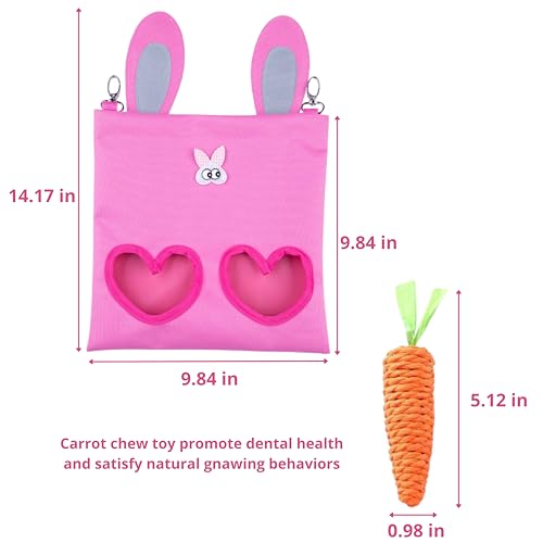 Hanging Rabbit Hay Feeder Bag with Chew Toys Set, Guinea Pig Hay Feeder, Bunny Feeders Holder Storage for Small Pets Bunnies Chinchilla Guinea Pigs Hamster Rats (Pink) - color: Pink
