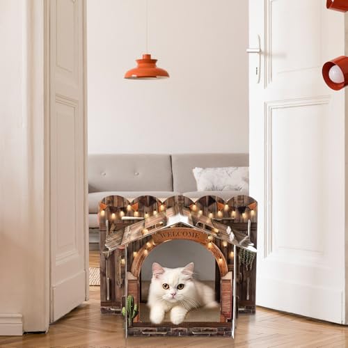 Lineshading 2 Story Cardboard Cat House with Scratcher Pad, Multi Level Durable Cat Scratcher House for Small Kitten Bunny Rabbit Animals Christmas Birthday Gift(17x12x10,Western) - style: Western