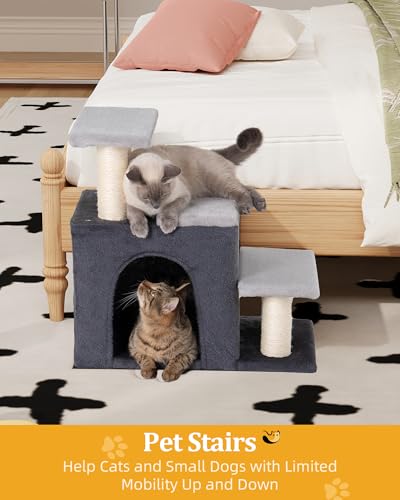 Aechonow 3-in-1 Pet Stairs for Cats, Dog Steps for Small Doggie Rabbits | 6.29'' Depth Cat Stairs, Indoor Cat Ladders for High Bed for Pet's Joints, 1 Cat Condo Cave, Sisal Scratcher, Grey, Medium - size: M-Gray