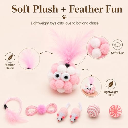 12-Pcs Interactive Cat Toys, Feather Wand, Springs & Catnip Balls | Curated variety pack, diverse mice, crinkle textures, healthy teething chew relief, indoor kitten boredom enrichment