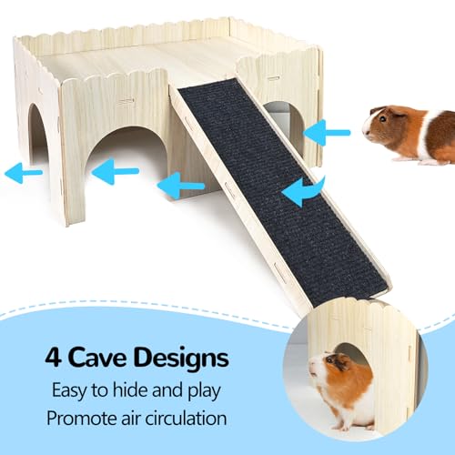 kathson Large Guinea Pig Hideout, Upgraded Guinea Pig Castle with Anti-Slip Ramp Detachable Hamster Hiding Hut Small Animal House for Hamsters Chinchillas Bunny