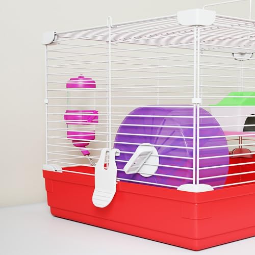 PawHut 18.5" Hamster Cage Exercise Wheel Water Bottle 2-Story Design Red | Dish, Rat House, Habitat