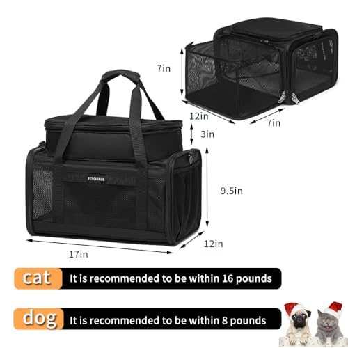 Airline Approved Pet Carrier for Cats and Small Dogs up to 15 lbs, Breathable Mesh, Portable Travel Bag for Bearded Dragon, Puppies Animal Hangbag, Rabbit Cage (Black, Expandable) - color: black, size: 16.9"L x 12.2"W x 9.5"H