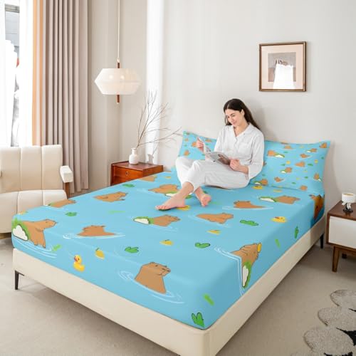 Erosebridal Cabybara Fitted Sheet Queen Size Funny Mouse Rodent Bedding Set Cartoon Animal Bed Sheets Kids Gifts for Capybara Lovers, Cute Kawaii Duck Sheets 3 Pieces with 2 Pillow Cases - color: Multi 29, size: Queen (No Top/Flat Sheet)