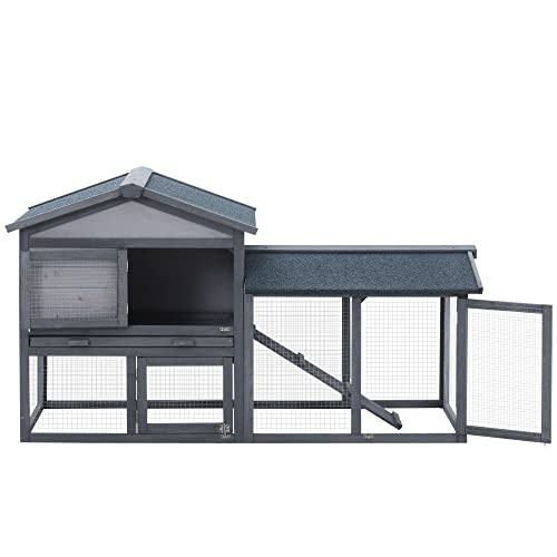 PawHut 58" Rabbit Hutch, Wooden Bunny Hutch, Guinea Pig Cage, Small Animal Enclosure with Run Area, Removable Tray, Asphalt Roof, Lockable Doors and Ramp, Dark Gray | Wooden Bunny Hutch, Guinea Pig Cage, Removable Tray, Asphalt Roof, Lockable Doors, for 1