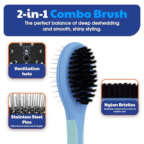 AKC 2-in-1 Grooming Brush for Dogs & Cats, Deshedding & Detangling | Dense nylon bristles remove loose hair from short- and long-coat dogs and cats of all breeds. - style: Combo Brush