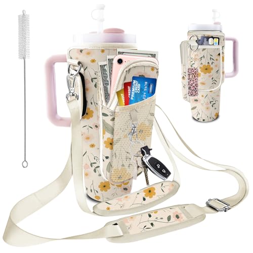 Stanley Carrier Bag for Stanley 40oz/30ozTumbler with Phone with 2 Adjustable Strap,3 Pockets Bottle Stanley Cup Carrier Bag & Case,Accessories for Hiking Travelling - color: Floral Flower