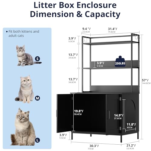 Cozy Castle Cat Litter Box Enclosure with Storage, 57'' Hidden Cat House Furniture, Wooden Cat Cabinet with Shelves & 4 S-Hooks, Indoor Cat Litter Box Organizer, Black - color: Black