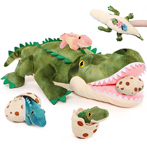 Alligator Stuffed Animal with 3 Babies, 23.6" Wild Aniaml Plush | 7Pcs Alligator Plush Family; Mommy Crocodile, 3 Babies & 3 Eggs; Zipper Belly Pretend Play; Birthday Christmas Gift for Kids - style: Alligator Green