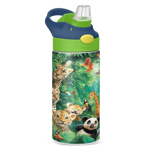 OTVEE Animal World Kids Water Bottle with Straw Lid 12 oz Insulated Stainless Steel Leakproof Duck Mouth Tumbler Cup for Boys Girls Teen School - color: Animal World